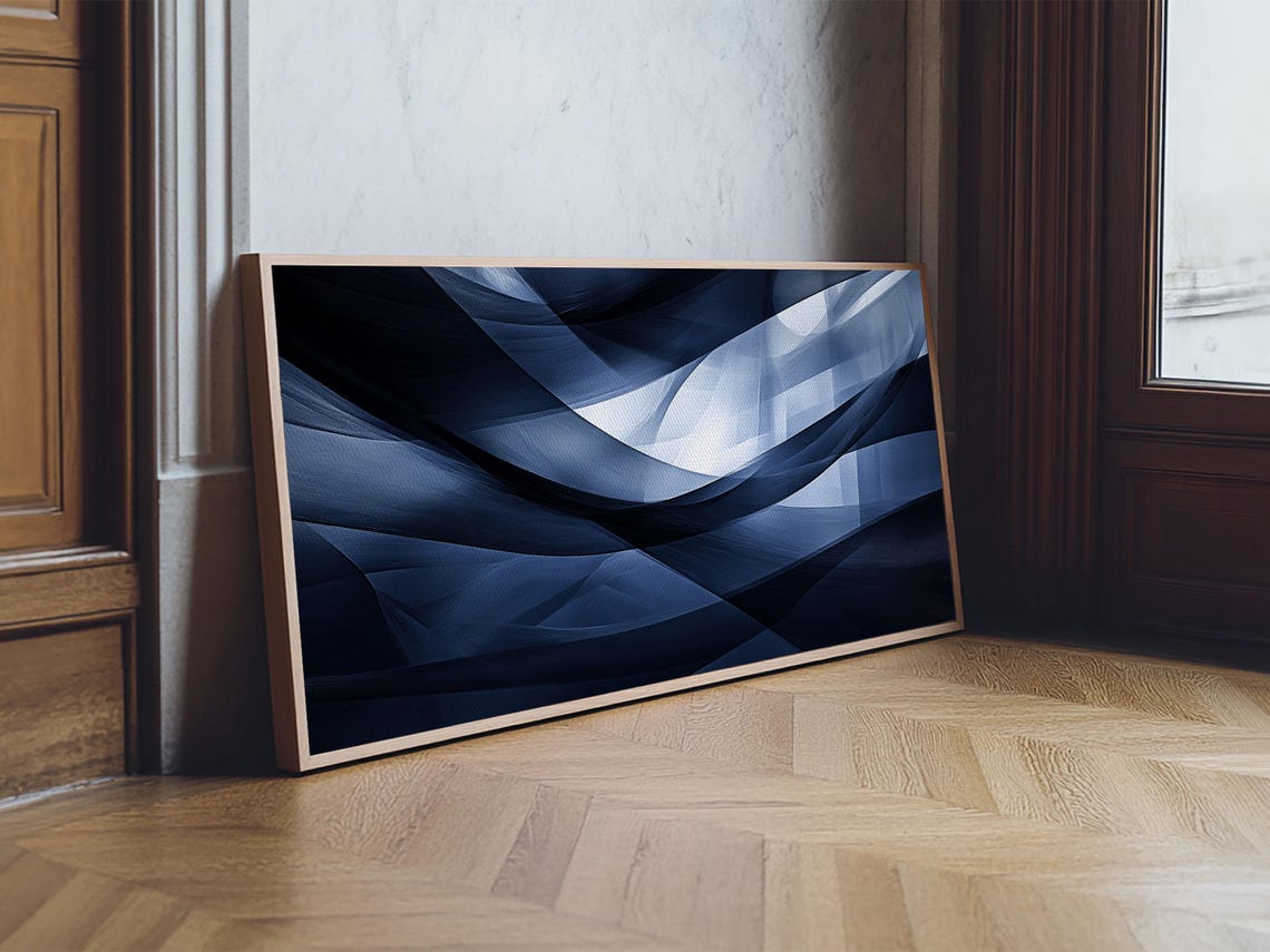 Flowing Blue Abstract Framed Print Minimalist Geometric Wall Art Above Sofa Decor Moody Panoramic Artwork Gift Living Room - Image 3