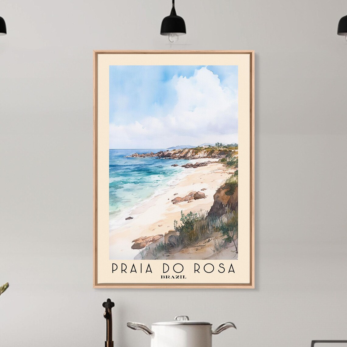 Praia do Rosa Brazil Rocky Cove Sandy Beach Turquoise Sea Cliffs Watercolor Poster - Image 6