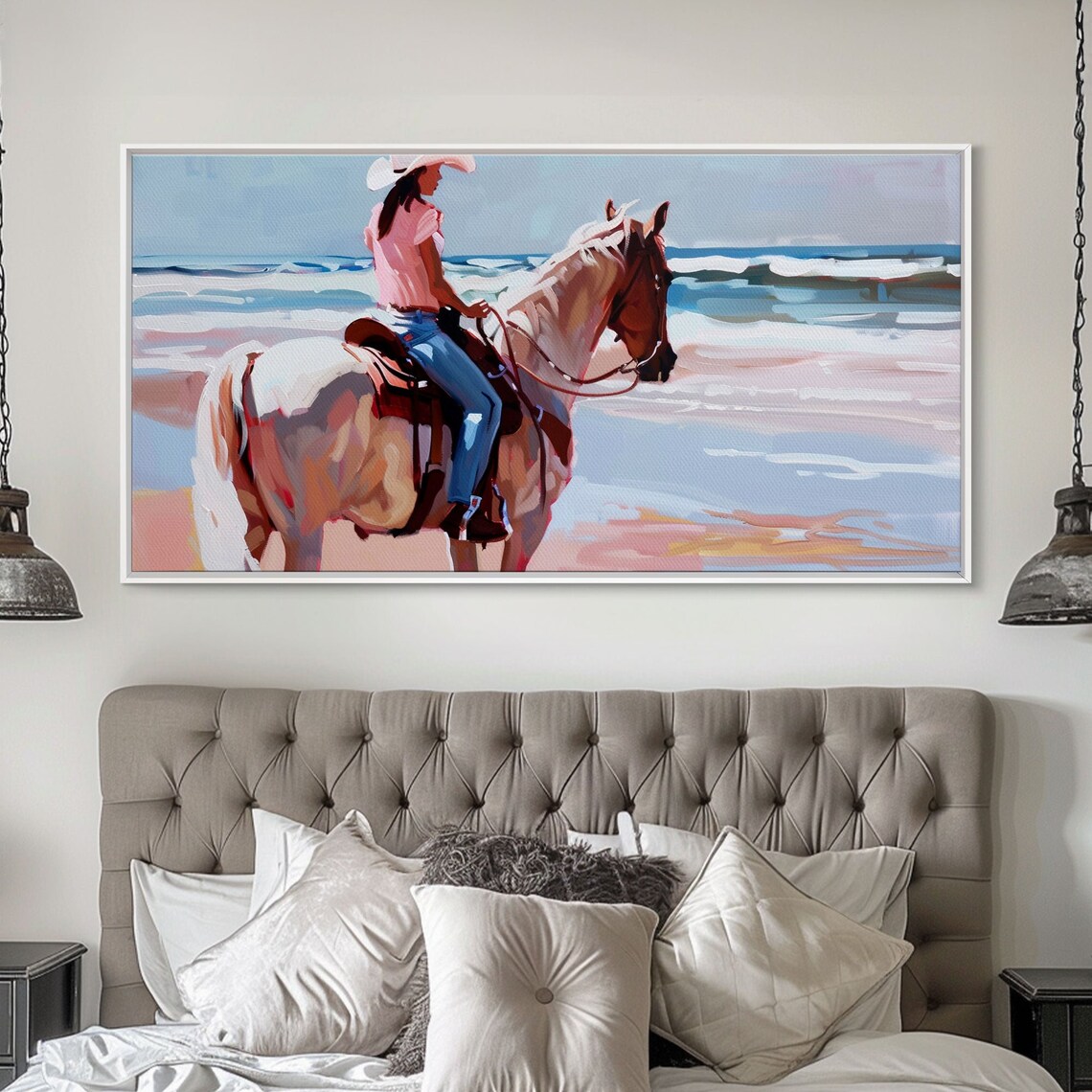 Cowgirl On Pinto Horse Beach Ride Waves Pink Shirt Western Coastal Art - Image 5