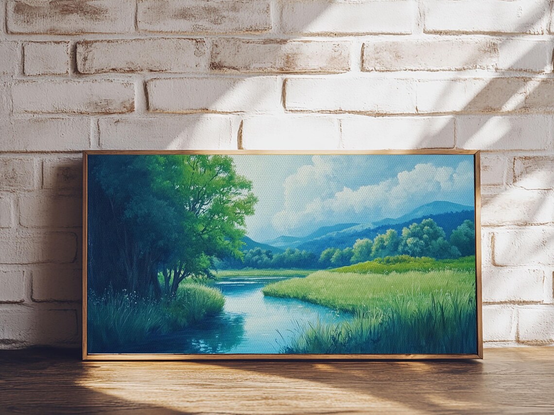 Print Of Serene Green Valley And River Landscape Rustic Wall Art Gift Idea For Nature Lovers And Rustic Home Decor - Image 3