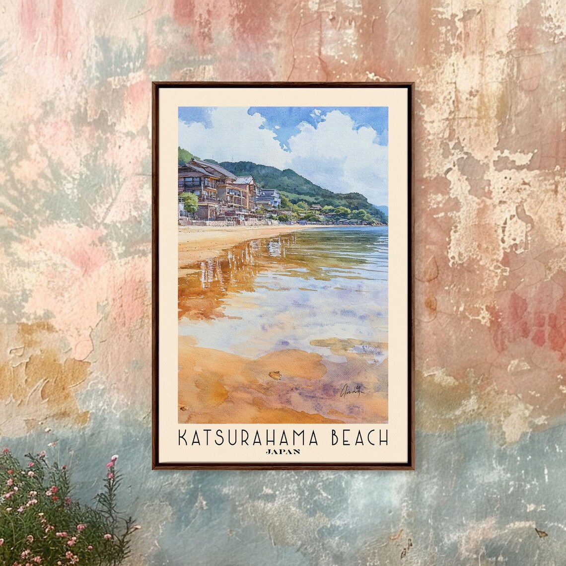 Katsurahama Beach Japan Wet Sand Reflections Seaside Watercolor Poster Art - Image 4
