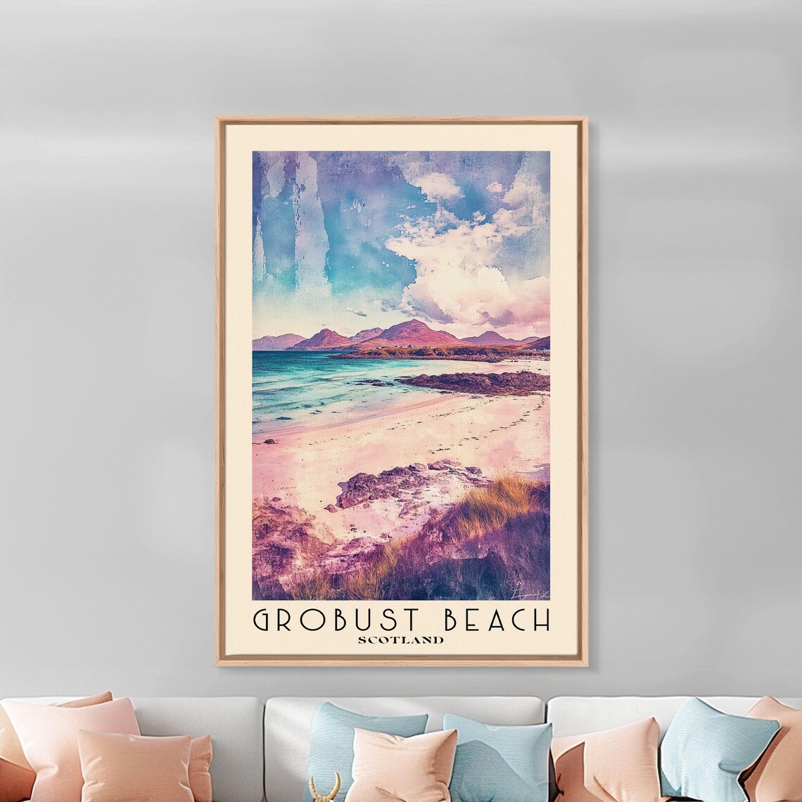 Grobust Beach Scotland Pink Sand Dunes Turquoise Sea Watercolor Poster - Image 3