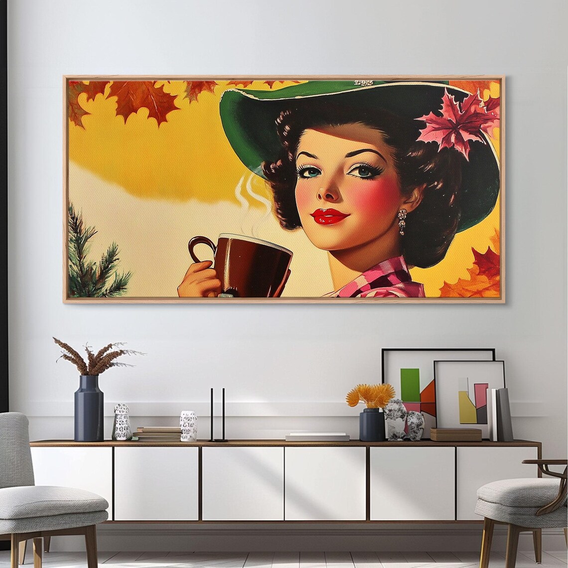 Retro Cowgirl With Coffee Autumn Leaves Vintage Pinup Style Art Poster - Image 6