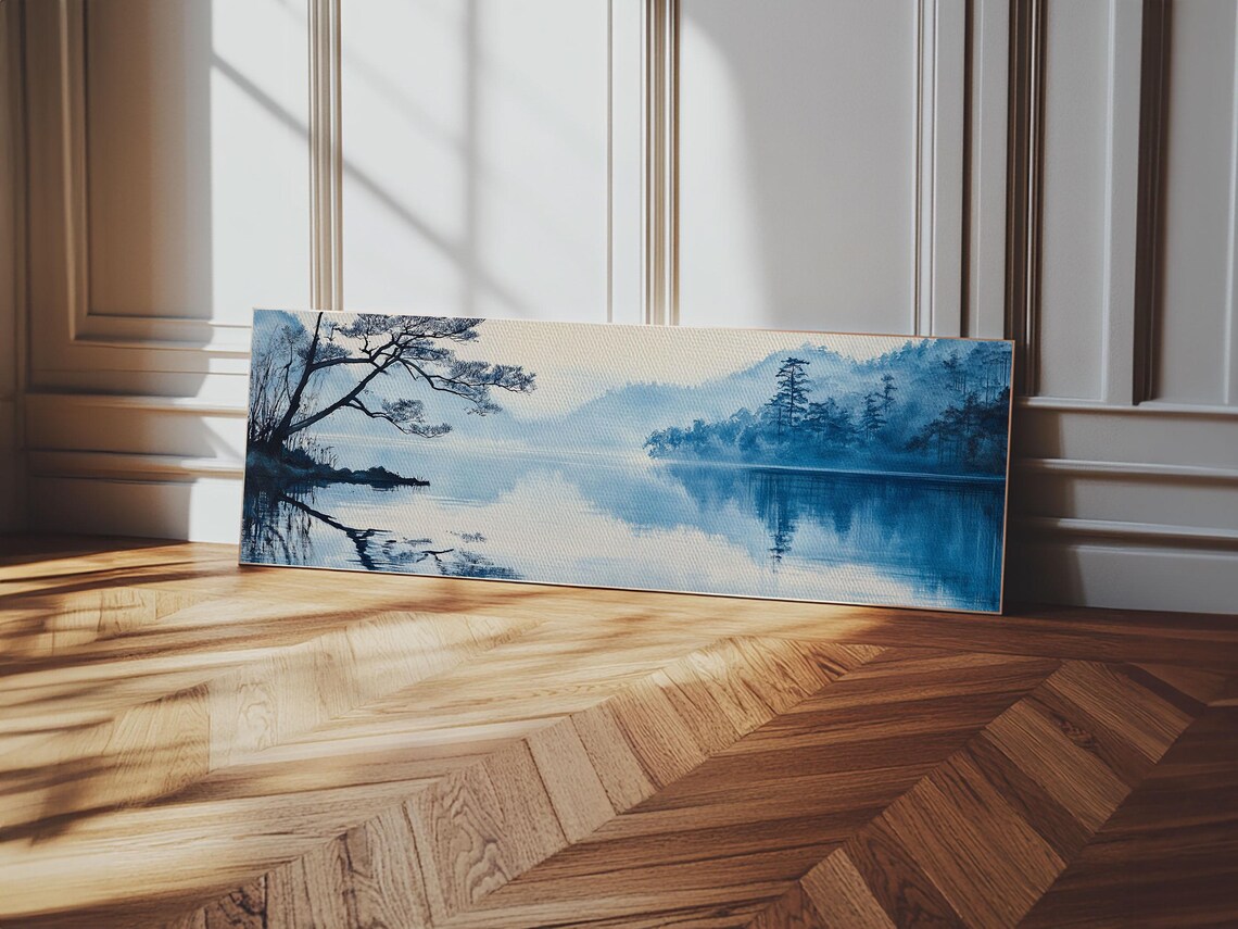 Serene Blue Lake Pine Trees Misty Mountains Ink Wash Panoramic Travel Poster - Image 6