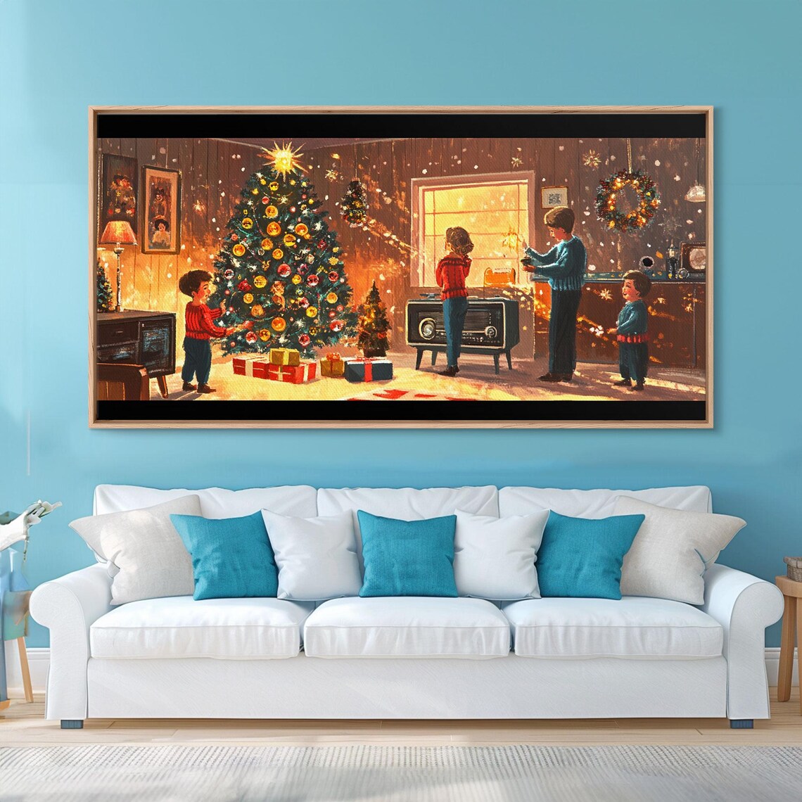 Retro Christmas Morning In A Cozy Family Living Room Art Print - Image 3