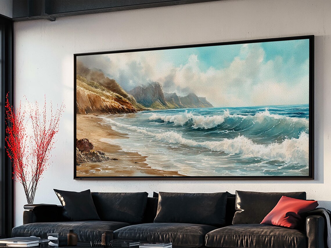 Misty Coastal Cliffs Crashing Ocean Waves Sandy Beach Panoramic Wall Art