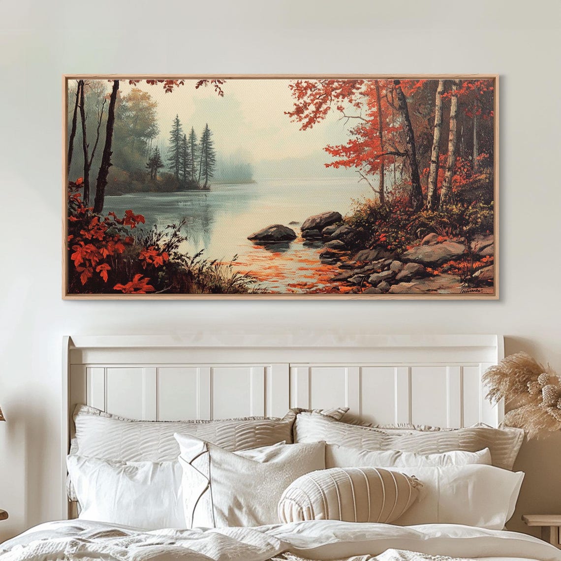 Fall On The River Autumn Lake Red Foliage Pines Misty Landscape Poster - Image 4