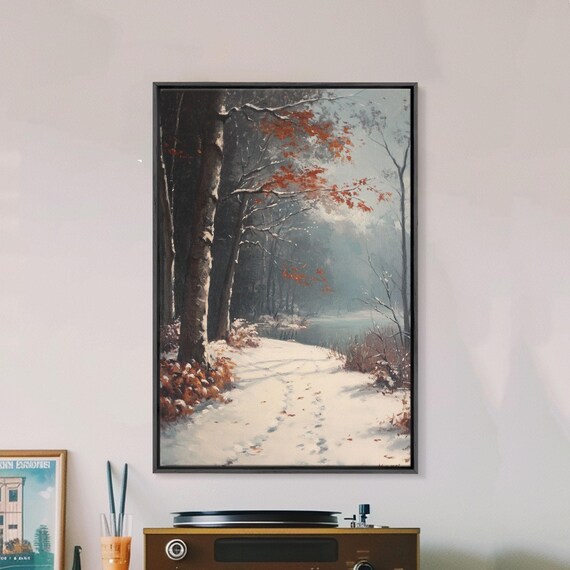 Framed Print Of A Snowy Path With Trees And Red Leaves Winter Wall Art Moody Landscape Best Gift Idea Modern Christmas Decor
