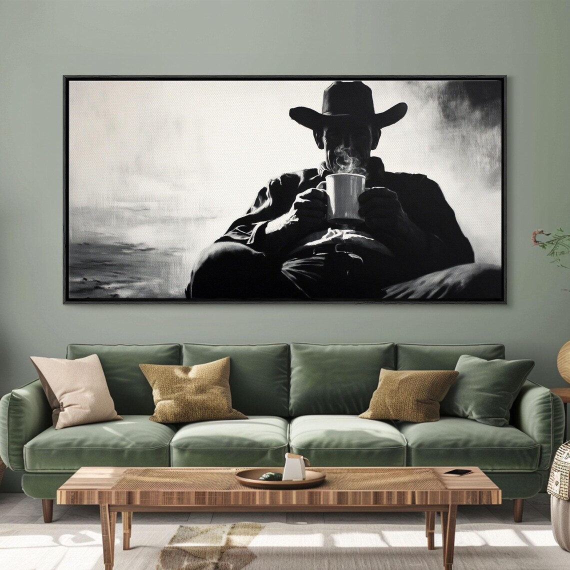 Cowboy Drinking Coffee, Moody Western Farmhouse Art Print - Image 4