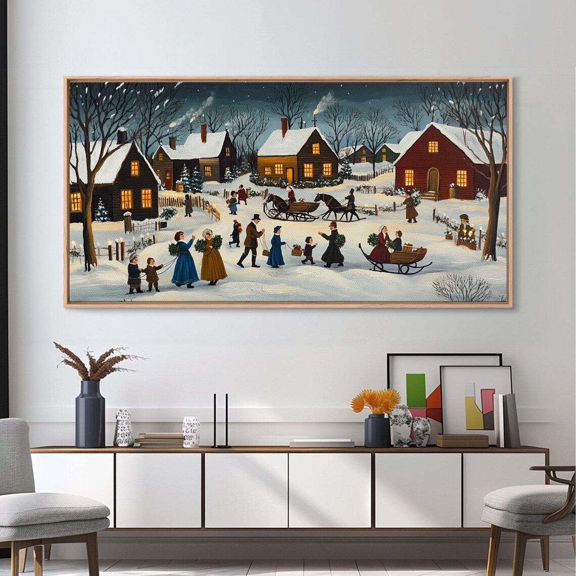 Colonial Christmas Village Sleigh Rides Folk Art Night Winter Print