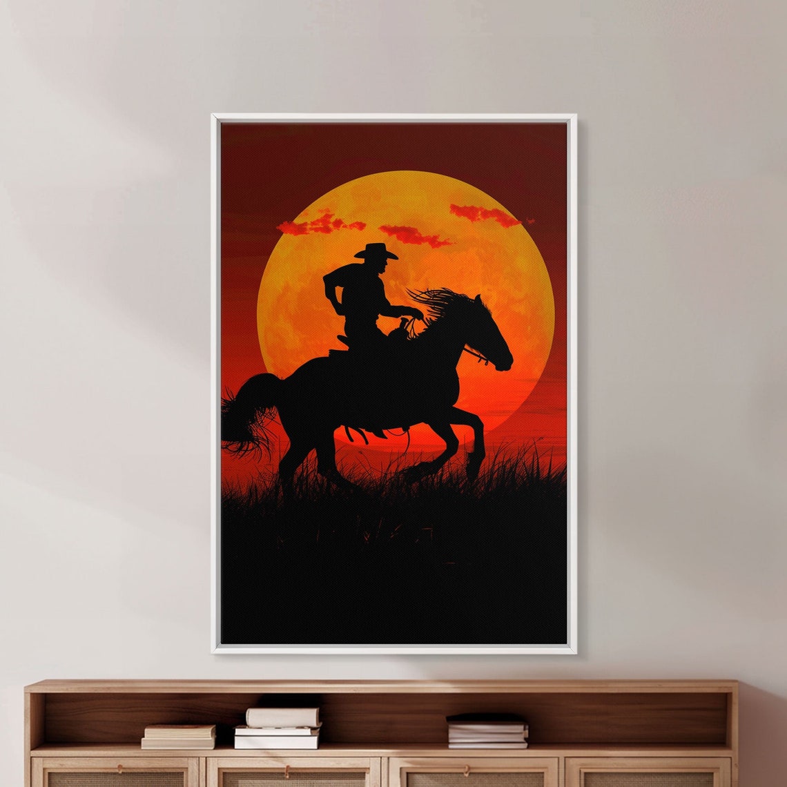 Cowboy Silhouette On Galloping Horseback Giant Orange Sunset Wall Art - Image 2