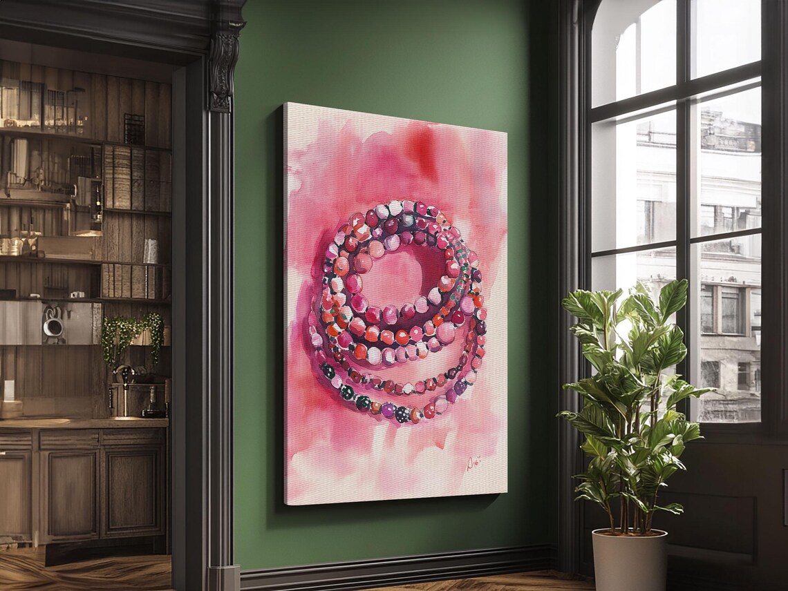 Coiled Pink Gemstone Bead Bracelets Watercolor Jewelry Wall Art Print - Image 6