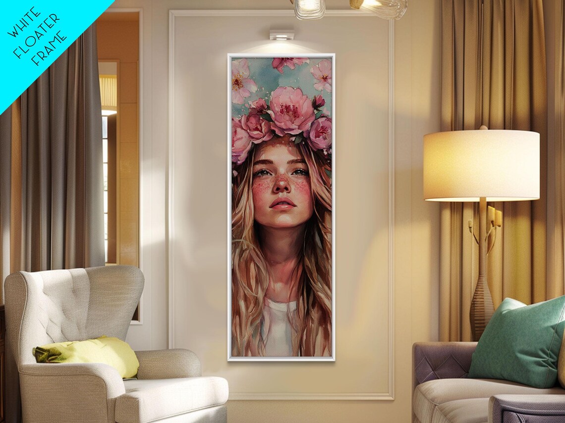 Flower Crown Girl Portrait Watercolor Blooming Pink Floral Wall Art - Image 4