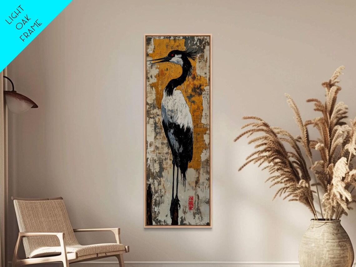 Black White Crane Gold Textured Background East Asian Bird Painting Poster - Image 4