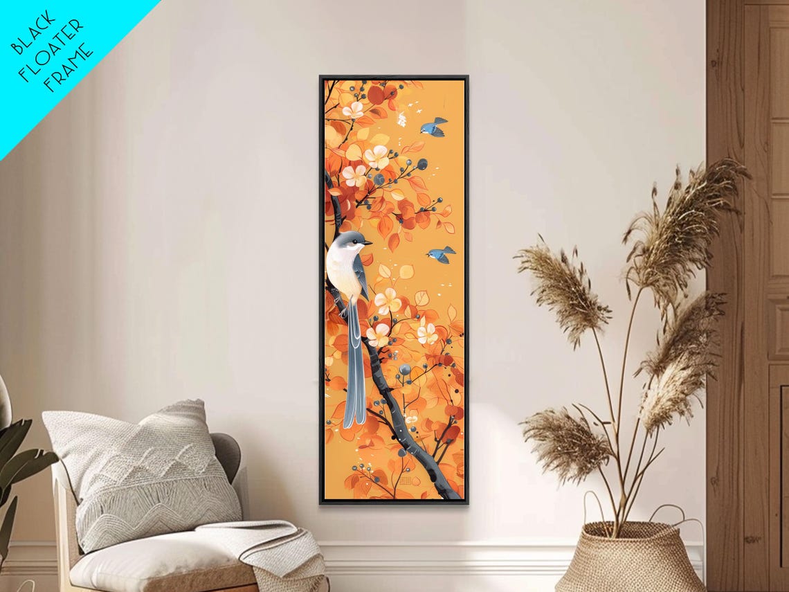 Birds Among Orange Autumn Leaves Blossom Branch Tall Art Poster - Image 3