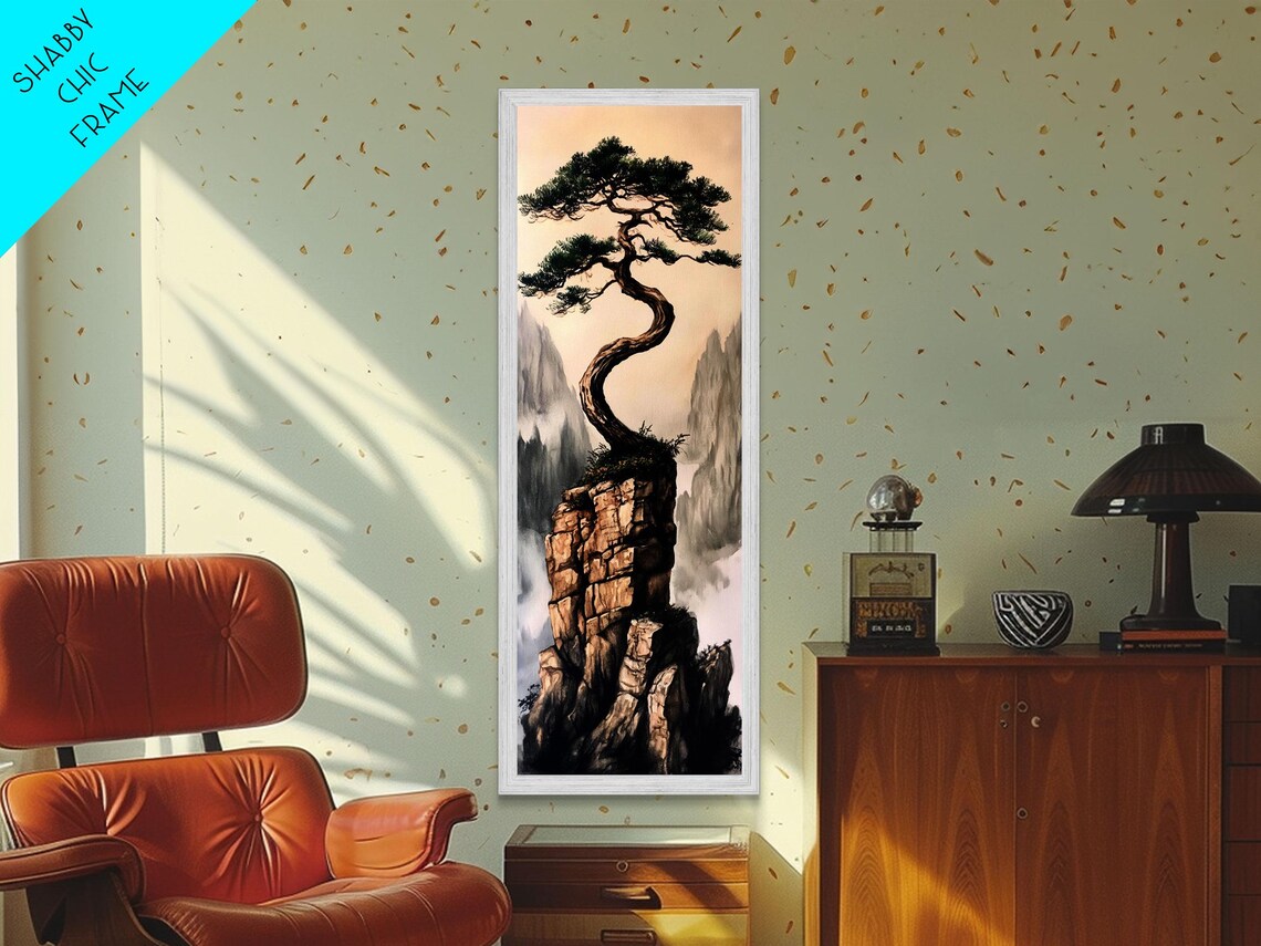 Twisted Pine Tree Rocky Cliff Misty Mountain Asian Ink Painting Style Poster - Image 5