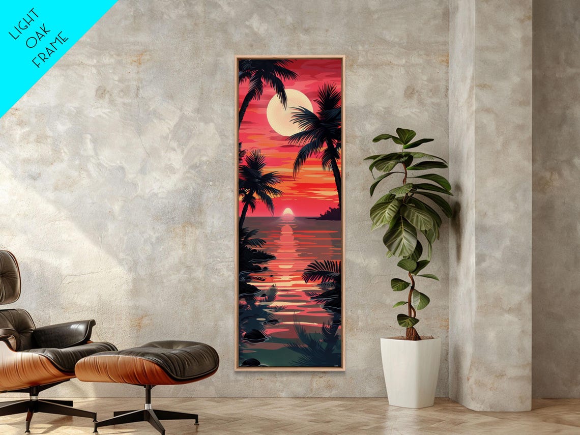Serene Sunset With Palm Trees And Tranquil Ocean Reflection Ukiyo E Wood Block Tall Skinny Art Framed Print - Image 2