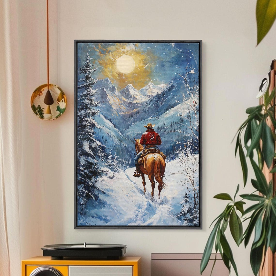 Cowboy Riding Under Golden Moon Snowy Mountain Peaks Night Poster - Image 4