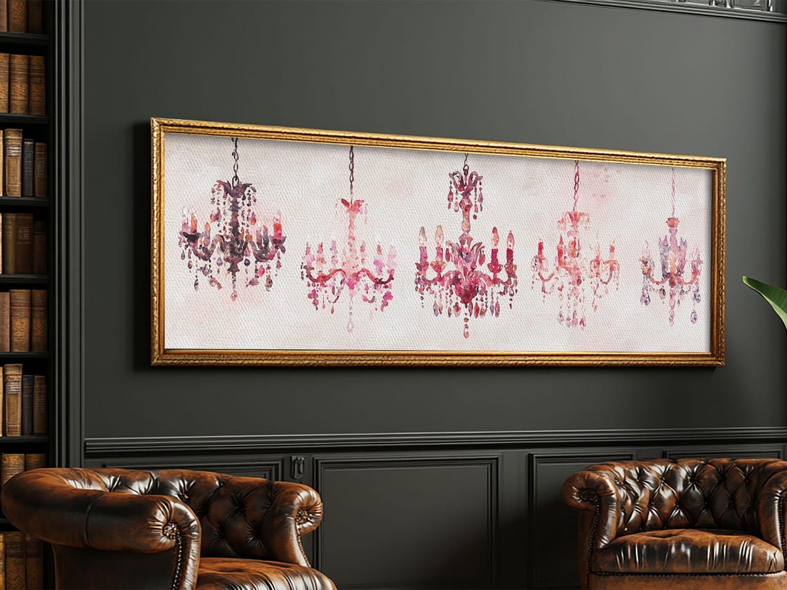 Pink Crystal Chandeliers Watercolor Glamorous French Chic Wall Art - Image 4