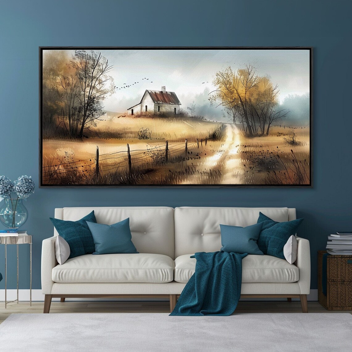 Misty Autumn Farmhouse Golden Field Country Road Watercolor Art Poster - Image 2