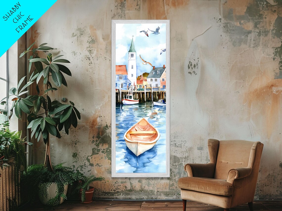 Tranquil Coastal Village Church Steeple Boats Seagulls Harbor Art Poster - Image 2