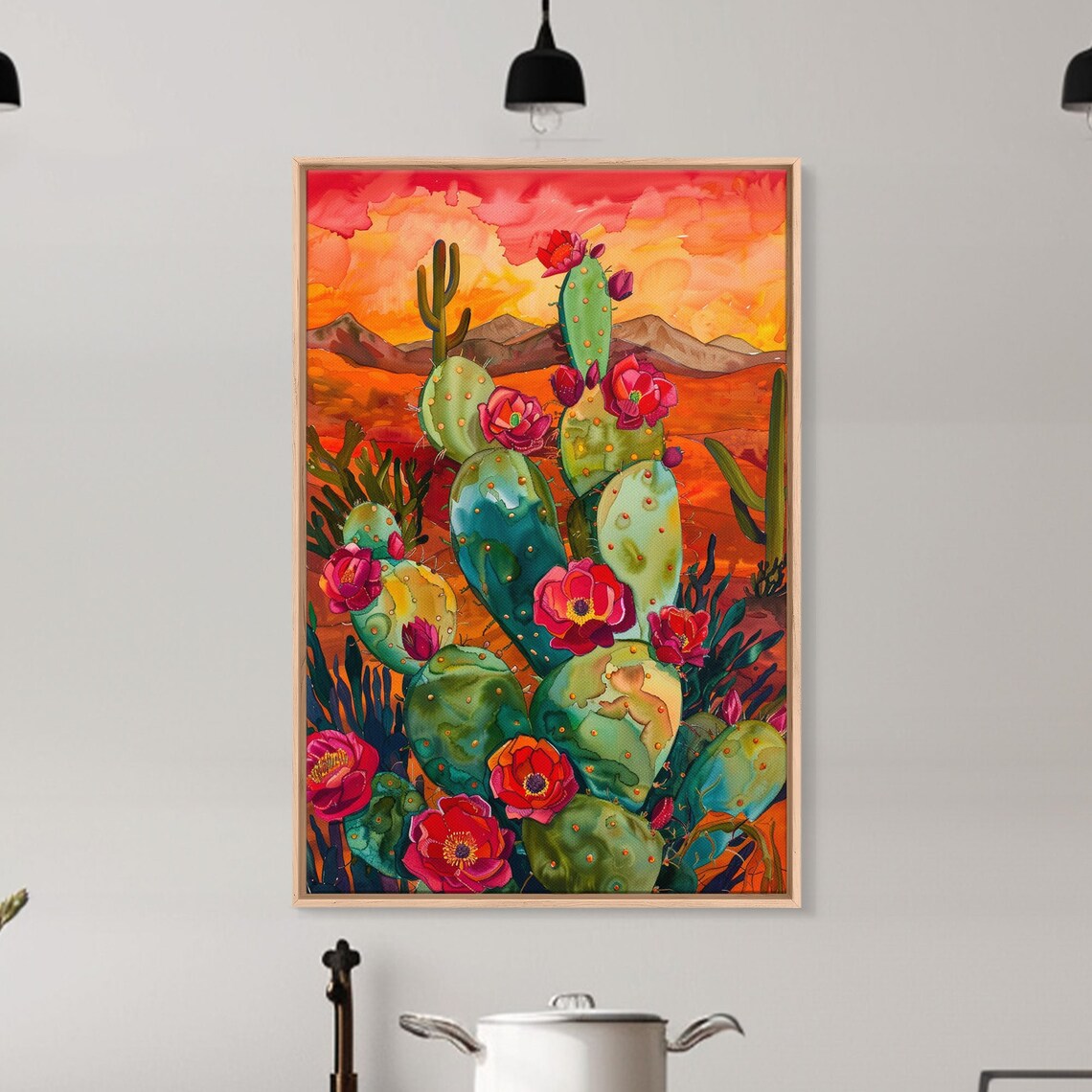 Blooming Cacti in Desert Sunset Landscape Art Print - Image 2