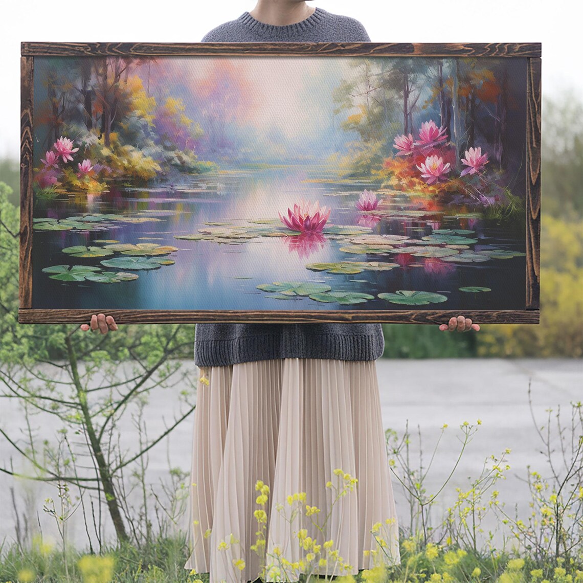 Water Lily Pond Pink Lotus Flowers Lily Pads Misty Garden Panoramic Wall Art Print - Image 2