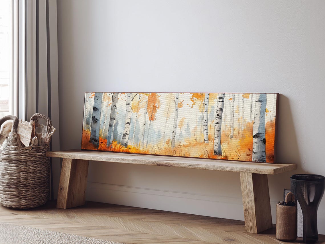 Birch Forest Golden Autumn Foliage Watercolor Panoramic Wall Poster - Image 6