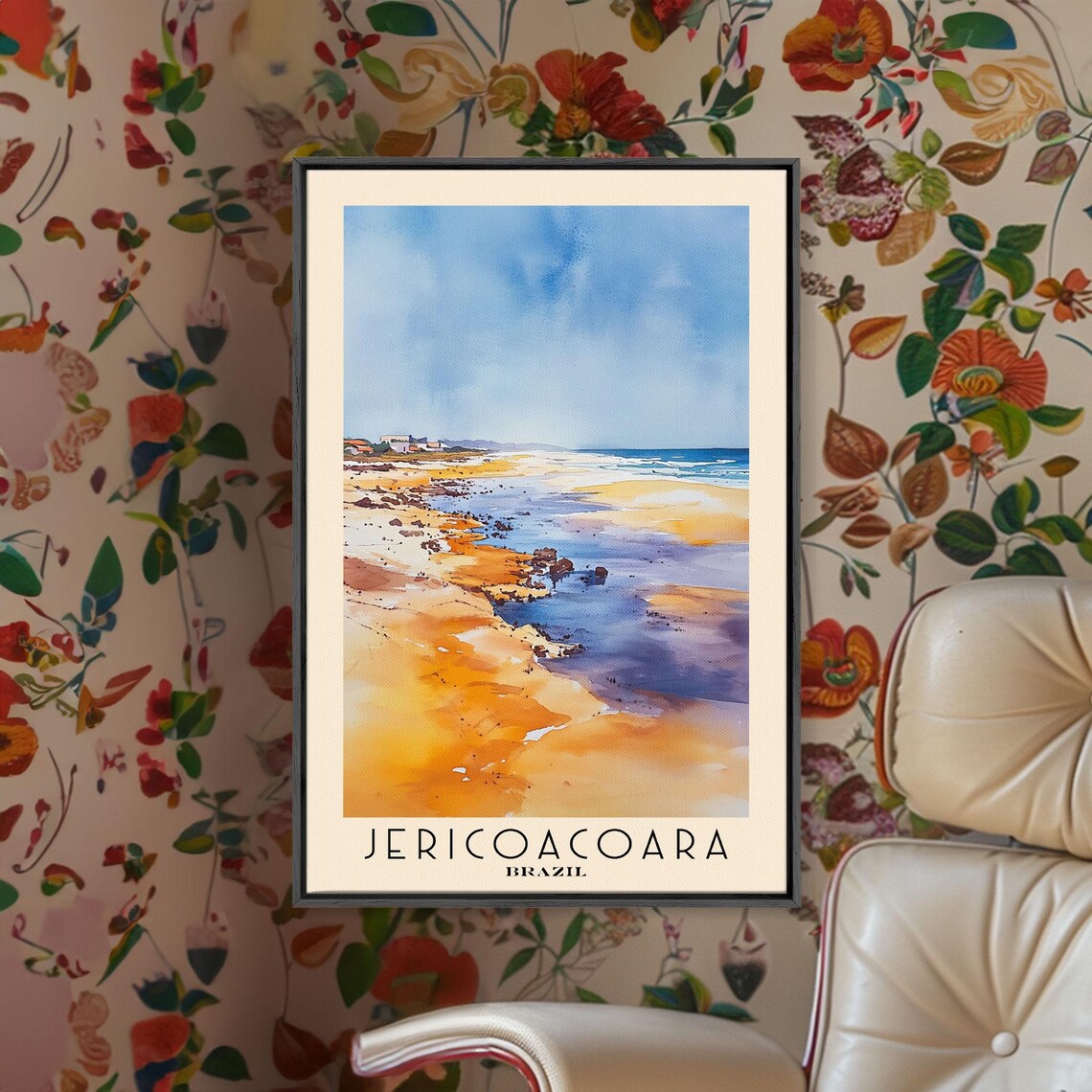 Jericoacoara Brazil Long Golden Beach Blue Surf Watercolor Wall Art Poster - Image 2