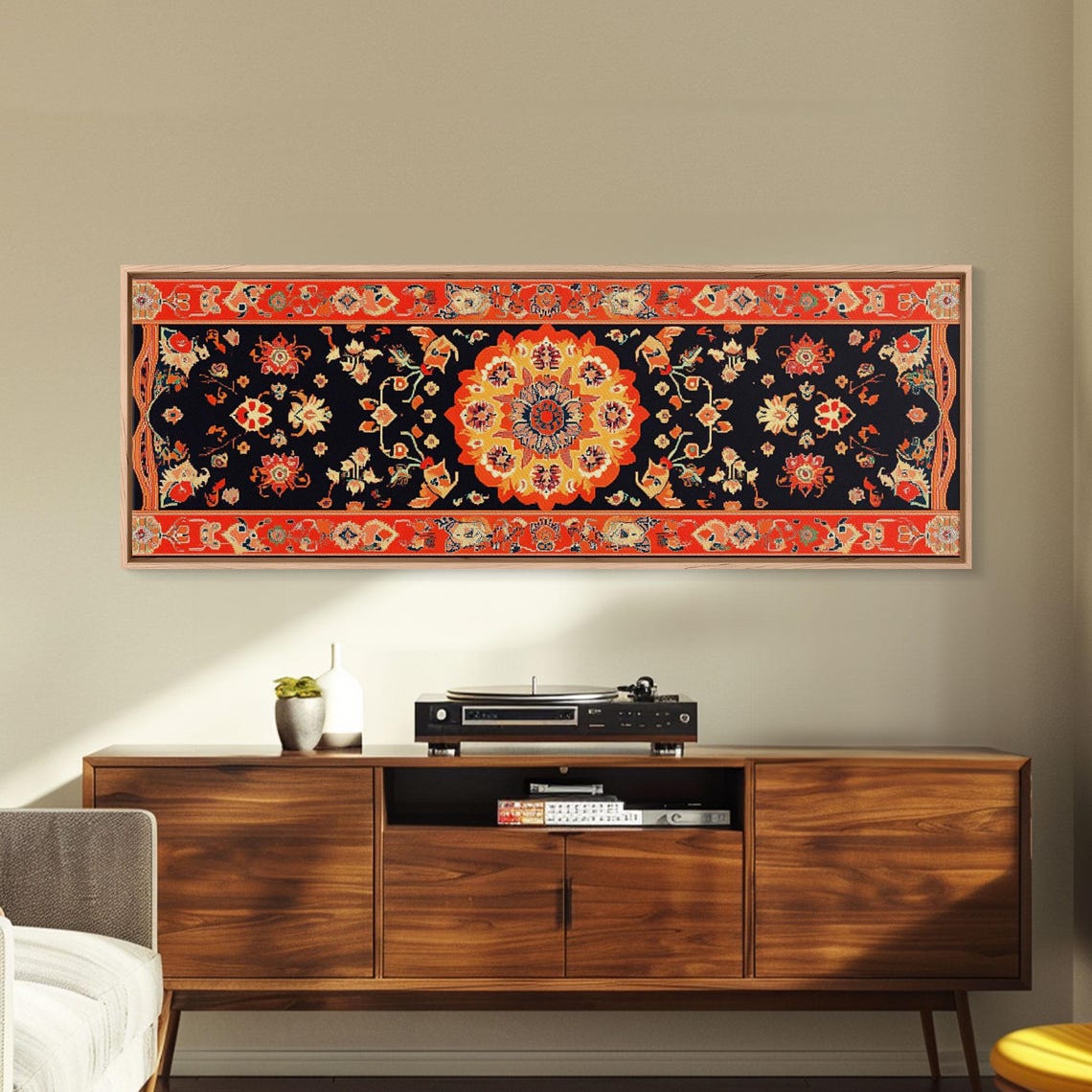 Red Black Floral Medallion Tapestry Pattern Panoramic Art Print - Image 5