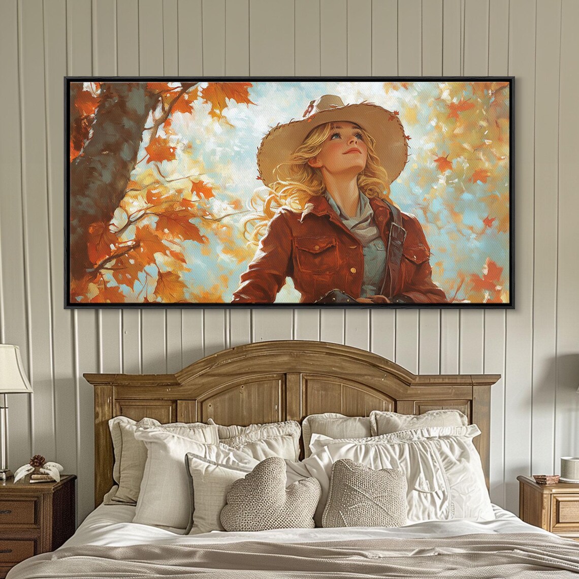 Young Cowgirl In A Straw Hat Among Falling Autumn Leaves Art Print - Image 6