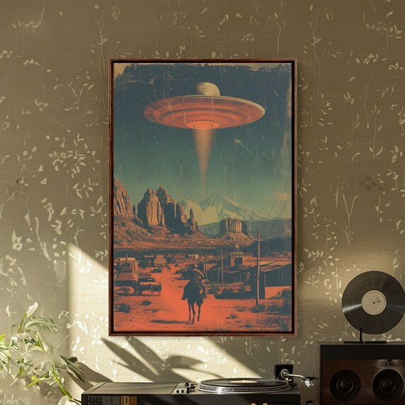 Retro Cowboy UFO Poster, Mid-Century Sci-Fi Style