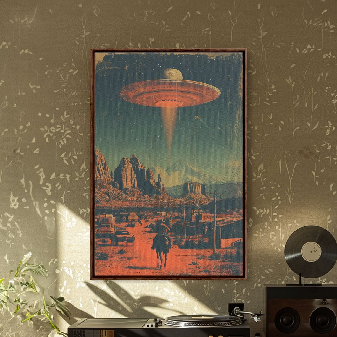 Retro Cowboy UFO Poster, Mid-Century Sci-Fi Style