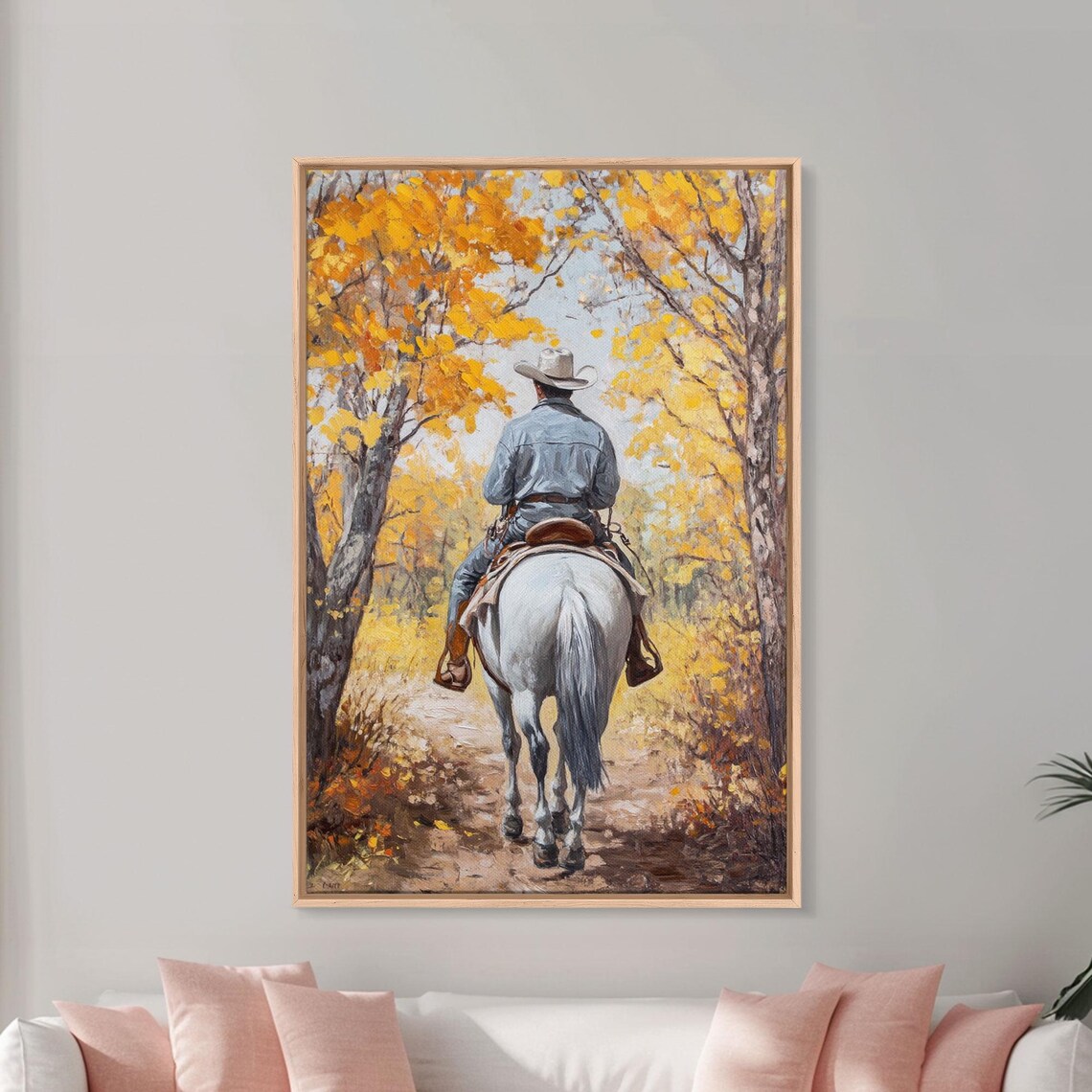 Cowboy Riding White Horse Golden Autumn Trees Tunnel Fall Poster - Image 5