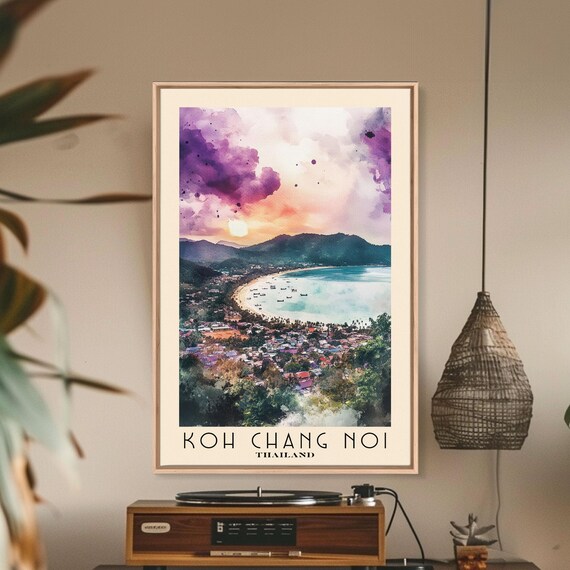 Koh Chang Noi Thailand Purple Sunset Bay Village Boats Watercolor Poster