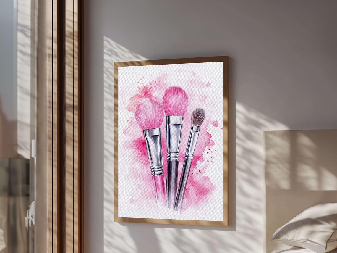 Pink Makeup Brushes Watercolor Beauty Vanity Glam Wall Art Poster - Image 3