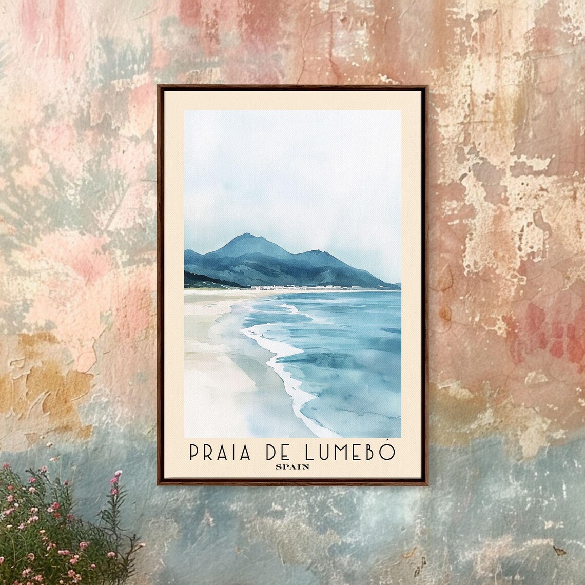 Praia de Lumebo Spain Misty Mountain Shore Minimal Watercolor Travel Poster