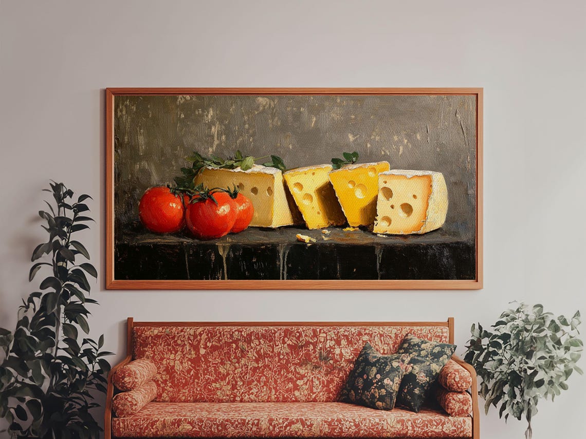 Swiss Cheese Tomatoes Still Life Classic Dark Oil Painting Art Print - Image 3