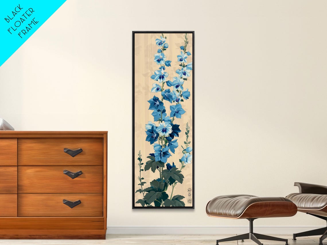 Tall Blue Delphinium Flowers Against Beige Japanese Style Wall Art - Image 4