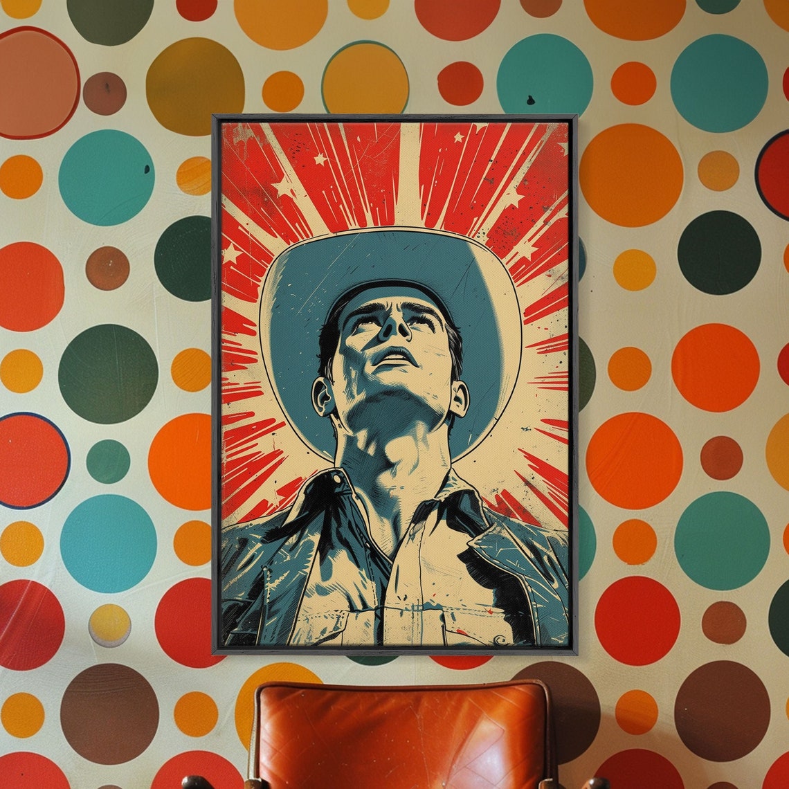 Cowboy Pop Art Poster Man in Hat Looking Up with Red Starburst Rays - Image 3