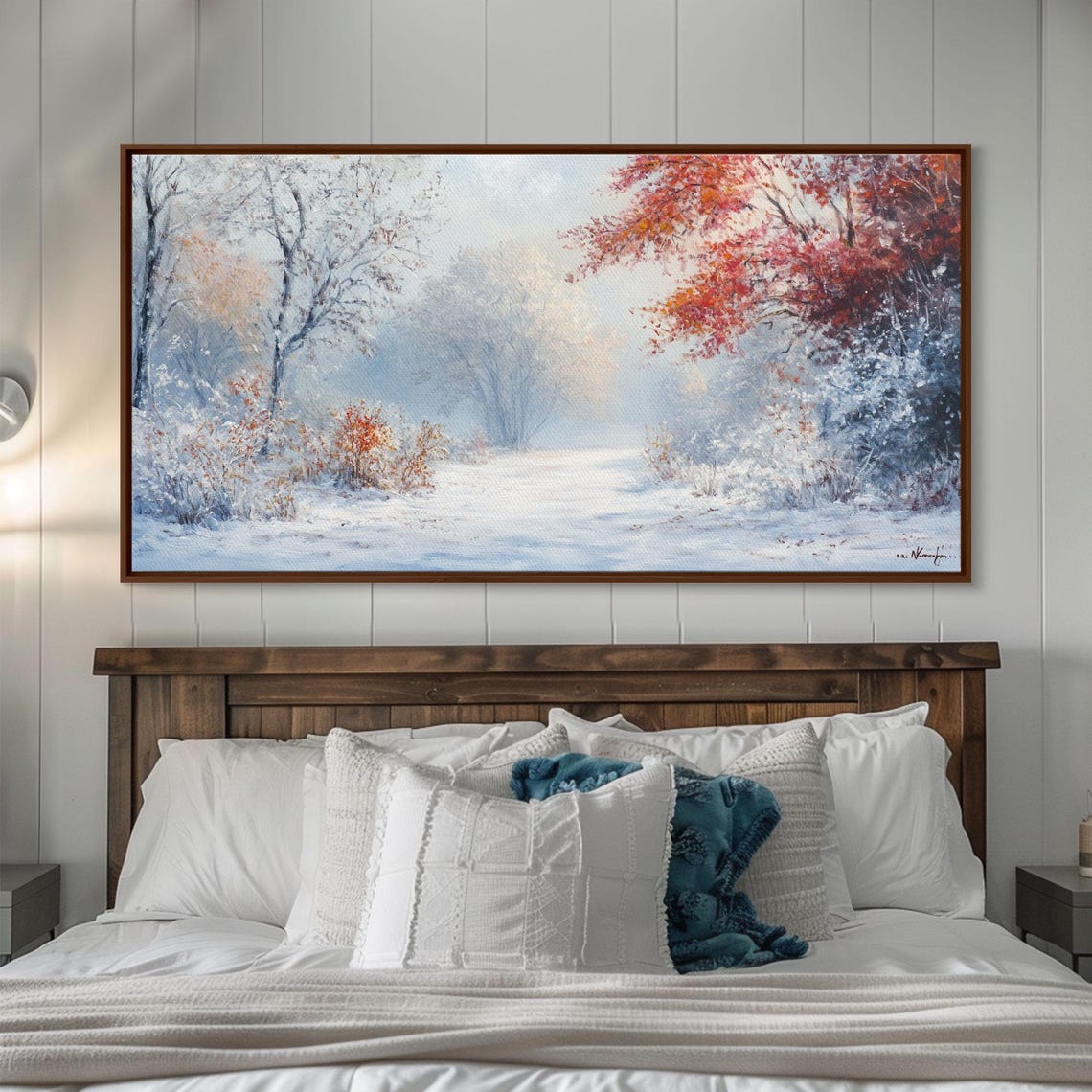 Snowy Winter Forest Path Red Leaves Falling Snow Scene Poster