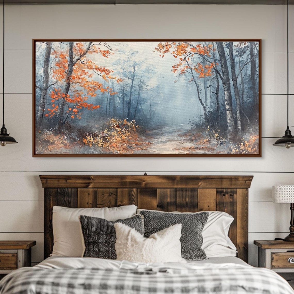 Misty Forest Path Lined With Bright Orange Autumn Trees Poster - Image 2