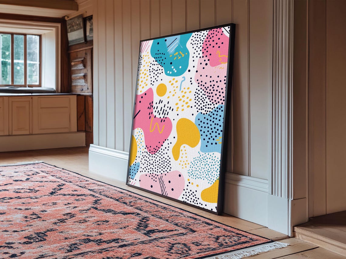 90s Memphis Style Abstract Blobs Dots Pink Blue Yellow Wall Art - Image 2
