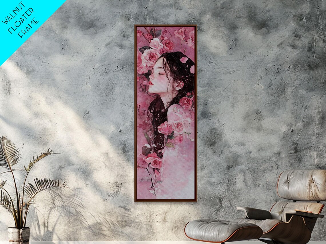 Woman Portrait Among Pink Roses Watercolor Feminine Romantic Wall Art - Image 3
