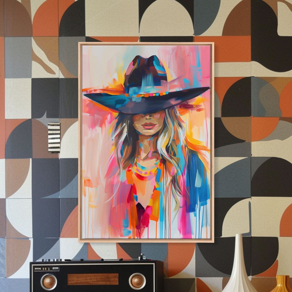 Modern Cowgirl Portrait Black Hat Colorful Western Pop Art Poster - Image 4