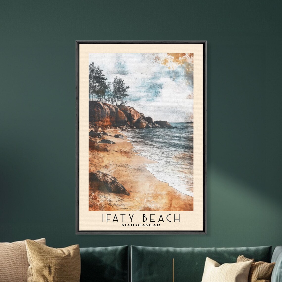 Ifaty Beach Madagascar Rocky Shore Golden Sand Moody Sky Watercolor Poster