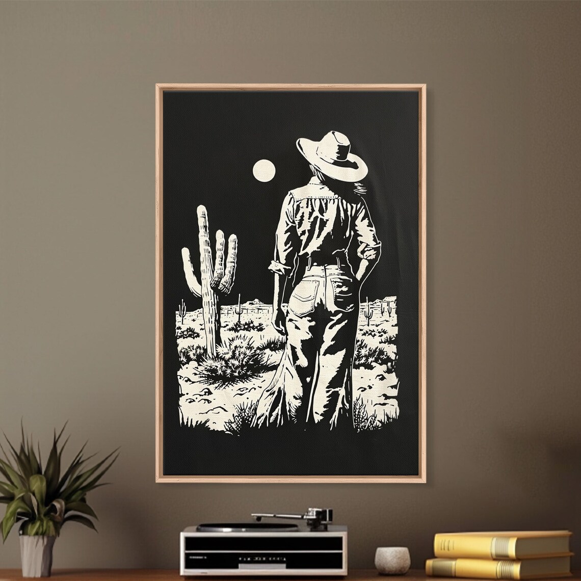 Cowgirl Silhouette Desert Moon Night Saguaro Cactus Black Art Poster - Image 4