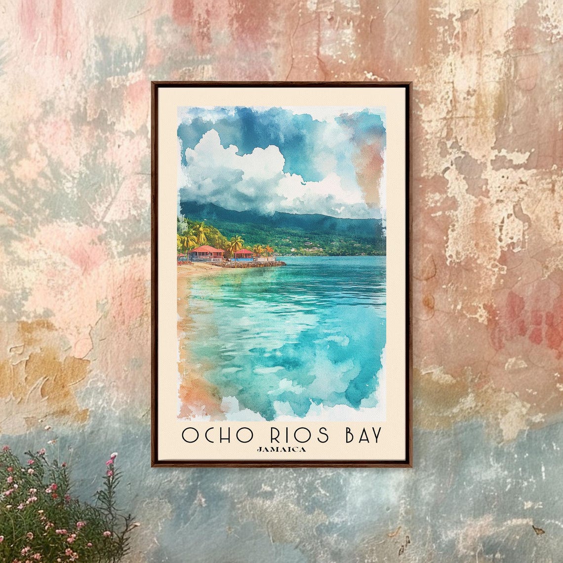 Ocho Rios Bay Jamaica Turquoise Bay Beach Huts Green Mountain Poster