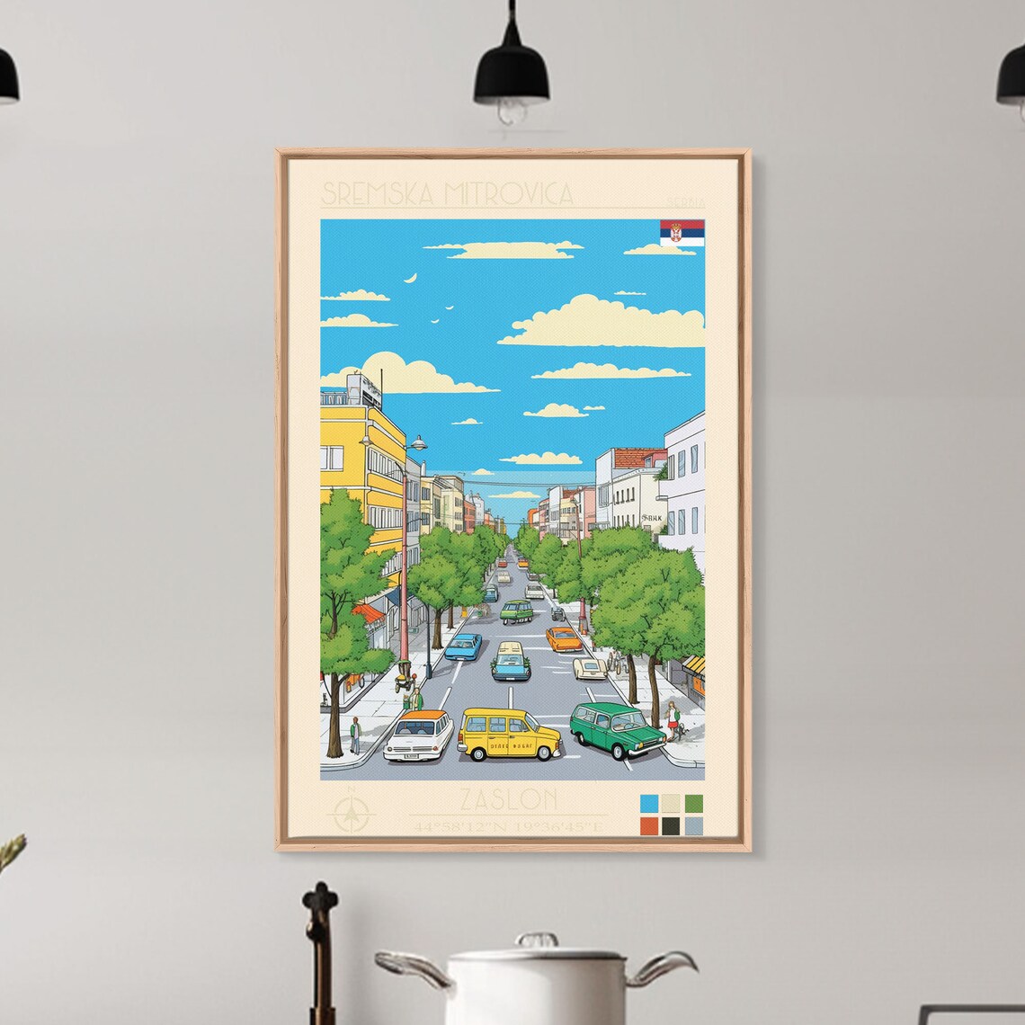 Sremska Mitrovica Serbia Vintage Cars Tree Lined Street Travel Poster - Image 3