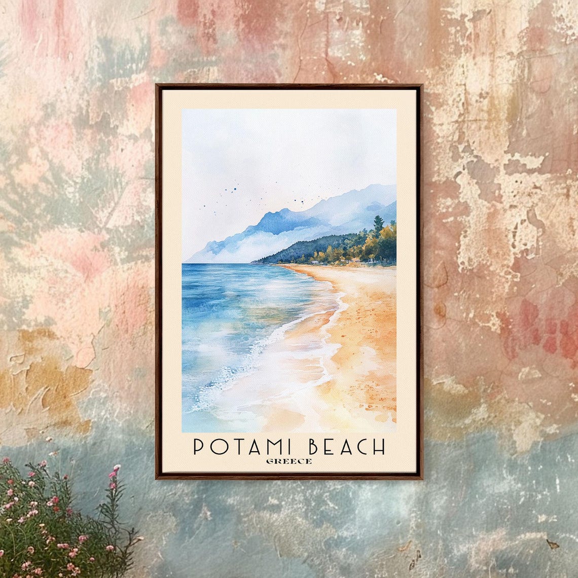 Potami Beach Greece Golden Sand Curve Blue Sea Mountain View Poster